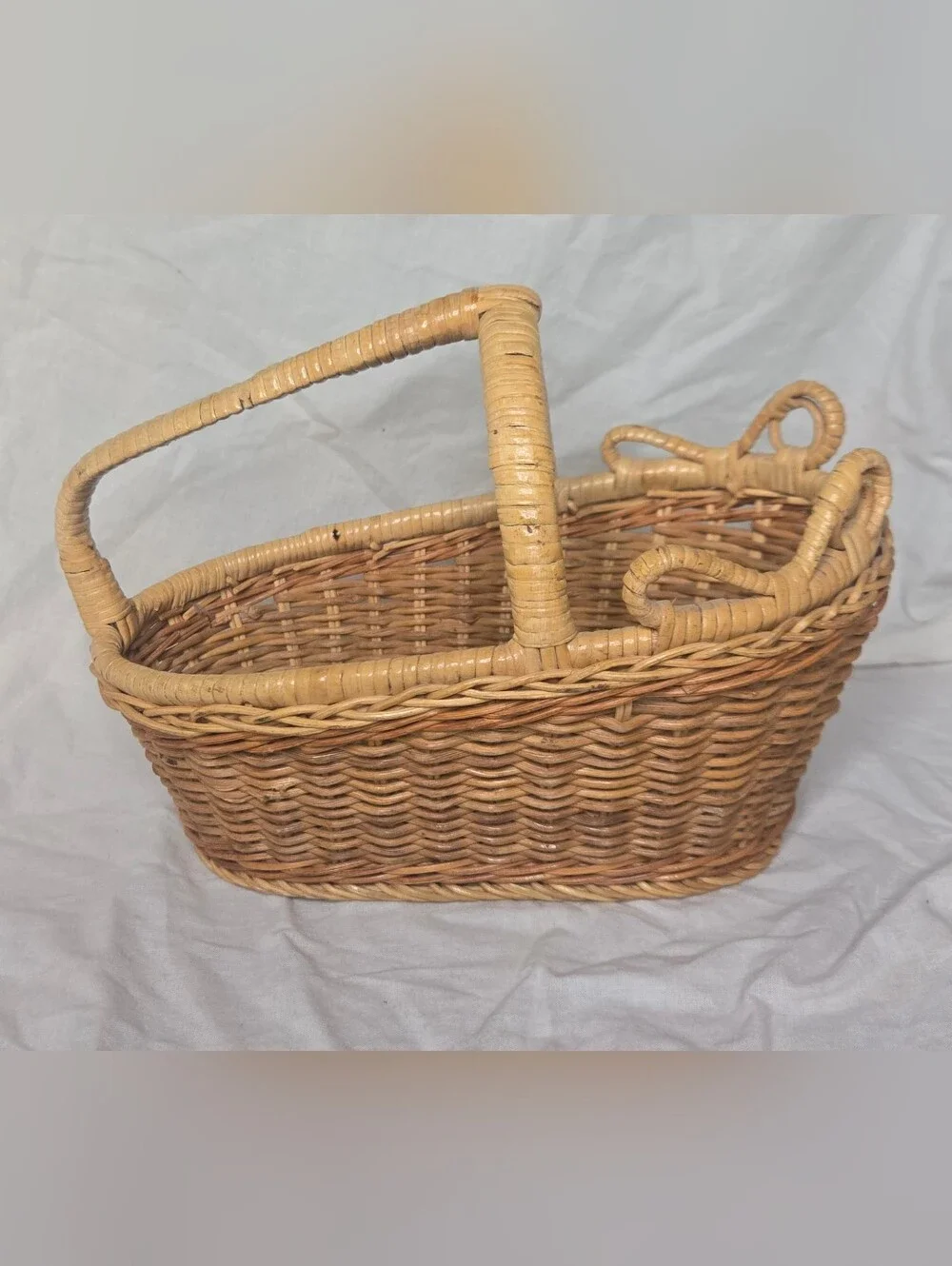 Vintage Wine Basket Wicker Boho Cottagecore Rattan Bottle Caddy Farmhouse Rustic